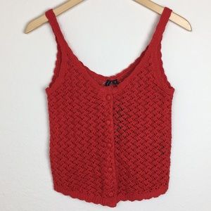 Red Crochet Knit Button Up Top S